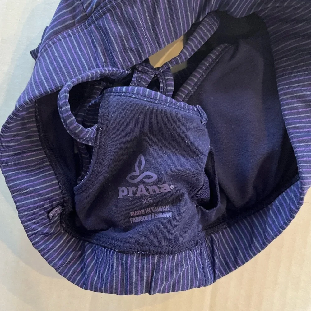 Prana Dreaming sports bra purple striped strappy caged back V neck size XS - Picture 6 of 8